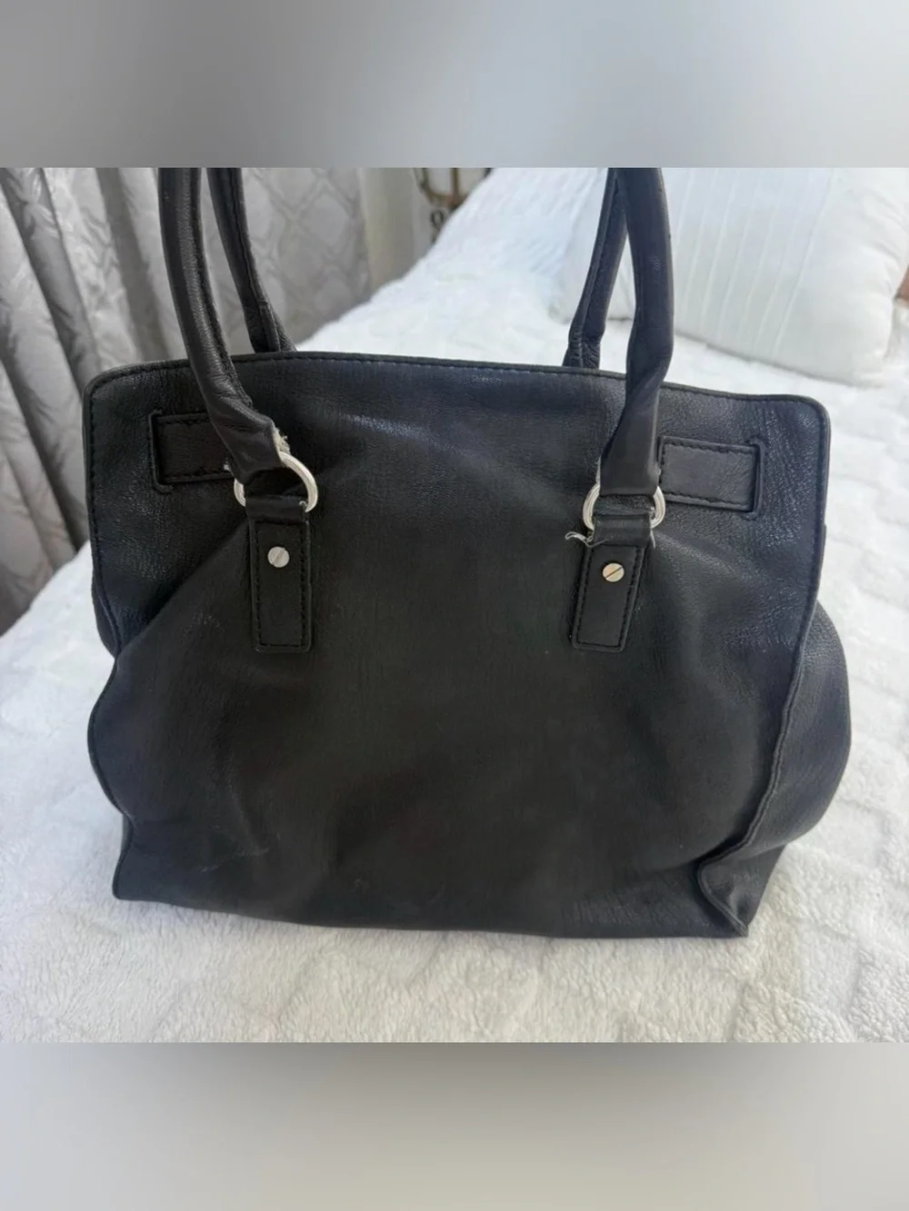Black Leather Handbag with Silver Chain Accent